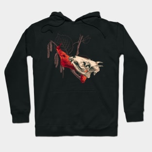 Enigmatic Escargots: Spooky Art Print Featuring Red Snail Donning Tufted Deer Skull Shell Hoodie